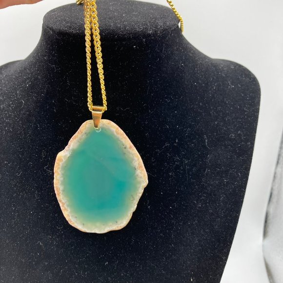 NEW Agate Gemstone Raw Edge AQUA Colored Gemstone + 20 in Golden Stainless Chain - Picture 12 of 12